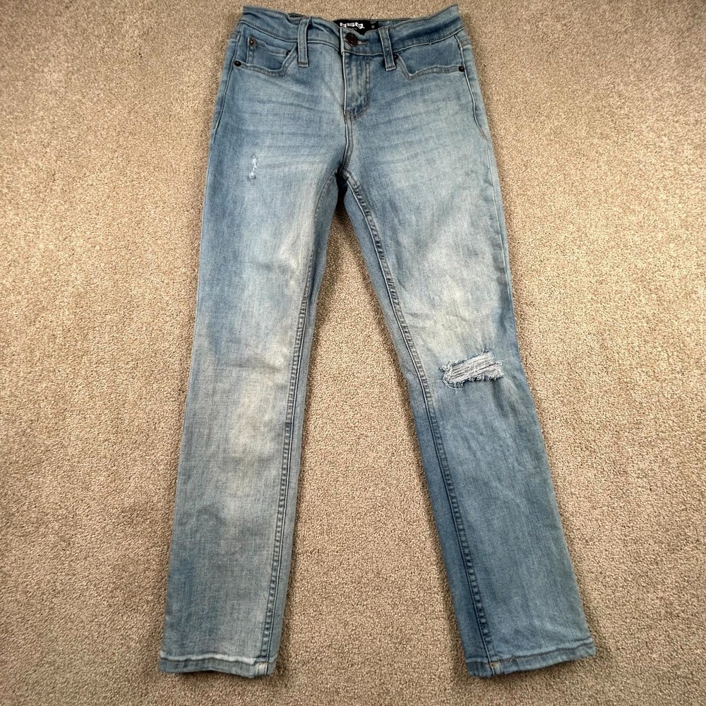 RSQ Skinny Jeans Womens 10 Blue Whiskering Denim Cotton Stretch Logo Distressed